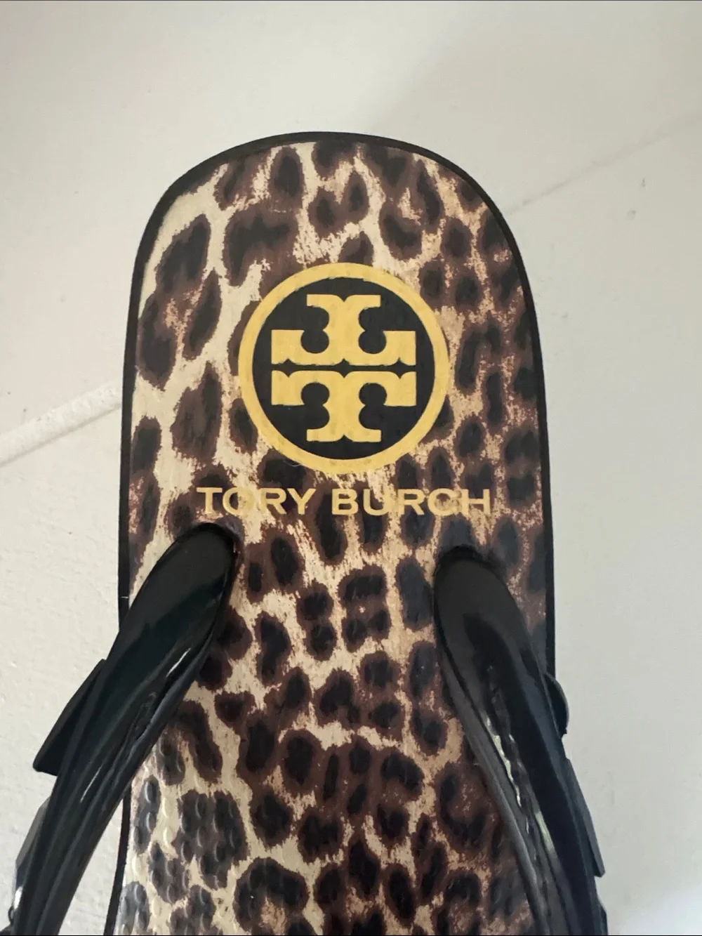 Tory Burch Leopard Print Wedge Sandals with Black Rhinestone Straps Size 6